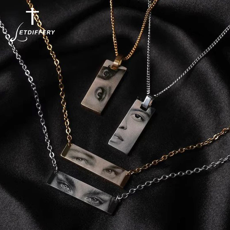 Letdiffery Custom Engraved Eyes Necklaces for Women Men Stainless Sreel Laser Carve Photo Names Square Pendant Jewelry Gifts