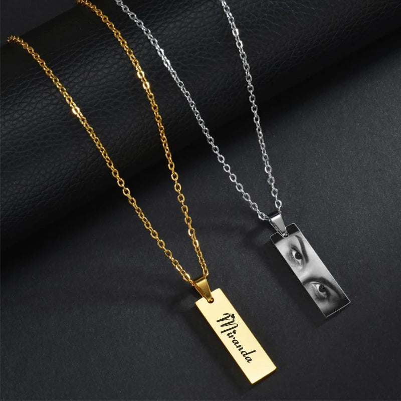 Letdiffery Custom Engraved Eyes Necklaces for Women Men Stainless Sreel Laser Carve Photo Names Square Pendant Jewelry Gifts