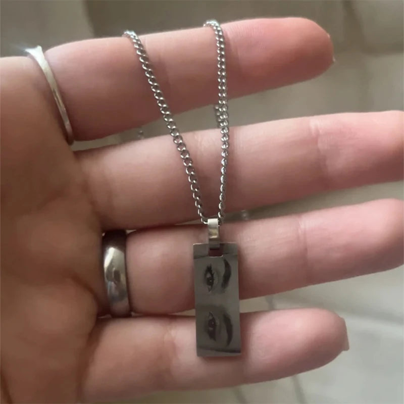 Letdiffery Custom Engraved Eyes Necklaces for Women Men Stainless Sreel Laser Carve Photo Names Square Pendant Jewelry Gifts