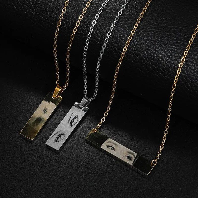Letdiffery Custom Engraved Eyes Necklaces for Women Men Stainless Sreel Laser Carve Photo Names Square Pendant Jewelry Gifts